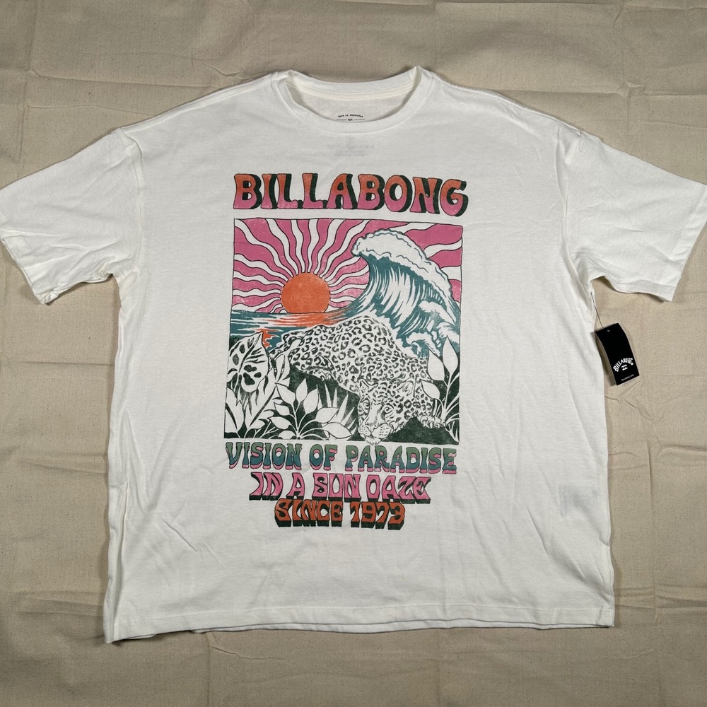 Billabong Vision of Paradise Graphic T-Shirt White Leopard Surf Sun M